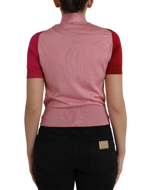 Dolce & Gabbana Red Short Sleeves Pullover Ascot Collar Top