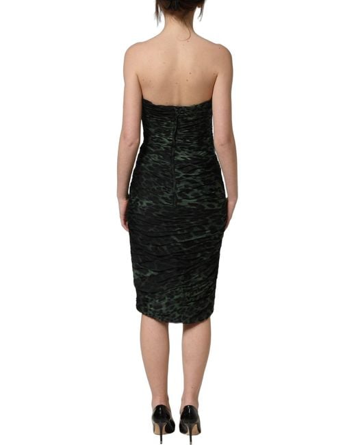 Dolce & Gabbana Black Green Leopard Print Bustier Draped Midi Dress