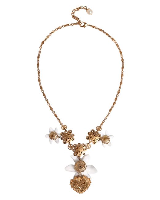 Dolce & Gabbana Metallic Brass Lily Crystal Sacred Heart Pendant Necklace