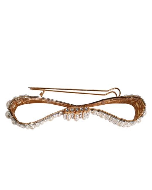 Dolce & Gabbana Metallic Tone Brass Bow Crystal Fauxpearl Embellished Brooch