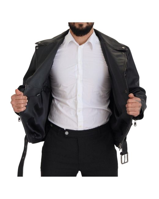 Dolce & Gabbana Black Elegant Leather Biker Jacket for men