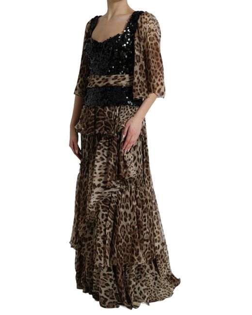 Dolce & Gabbana Multicolor Brown Leopard Sequined Tiered Long Gown Dress