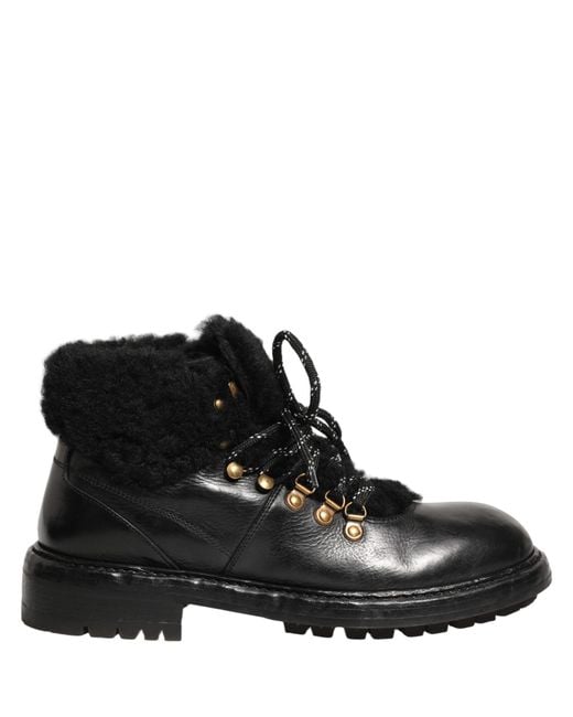 Dolce & Gabbana Black Trekking Fur Lace Leather Boots Shoes for men