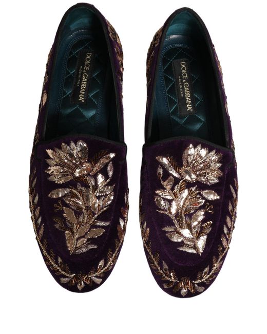 Dolce & Gabbana Multicolor Violet Velvet Floral Embroidery Loafers Shoes for men