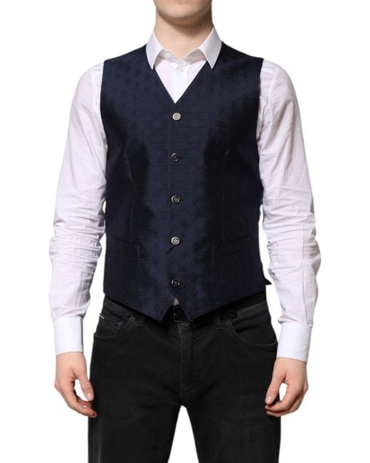 Dolce & Gabbana Blue Dark Logo Wool Formal Waistcoat Vest for men