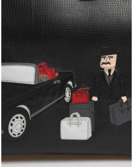 Dolce & Gabbana Black Car Man Applique Leather Weekender Borse Bag for men