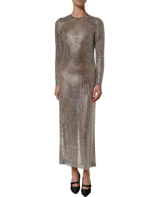 Dolce & Gabbana Gray Beige Crystal Embellished Long Gown Dress