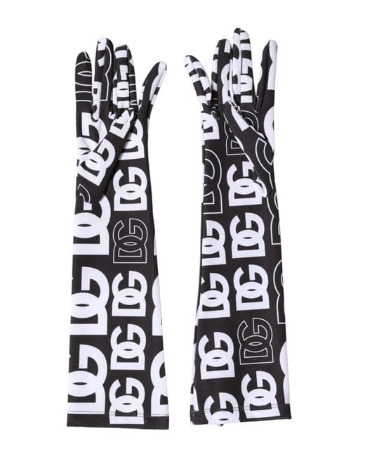 Dolce & Gabbana Black White Dg Logo Elbow Length Mitten Gloves