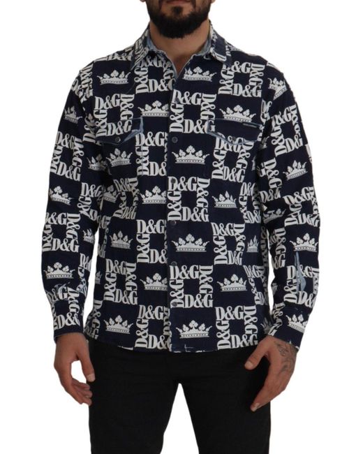 Dolce & Gabbana Black Dolce Gabbana Denim Stretch Dg Crown Logo Casual Shirt for men