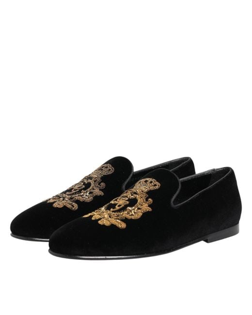 Dolce & Gabbana Black Velvet Gold Crown Mens Loafers Shoes for men