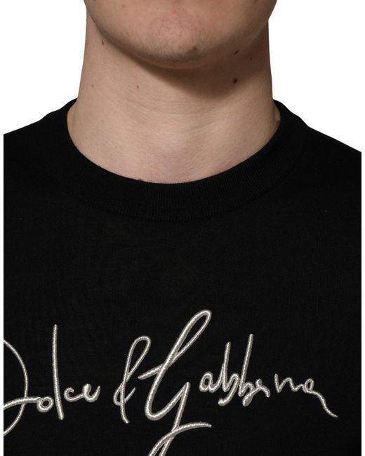 Dolce & Gabbana Black Embroidered Logo Crew Neck Pullover Sweater Virgin Wool Clothing for men