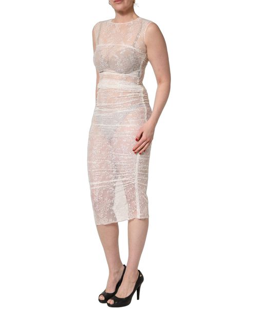 Dolce & Gabbana Pink White Floral Lace Sheer Sleeveless Midi Dress