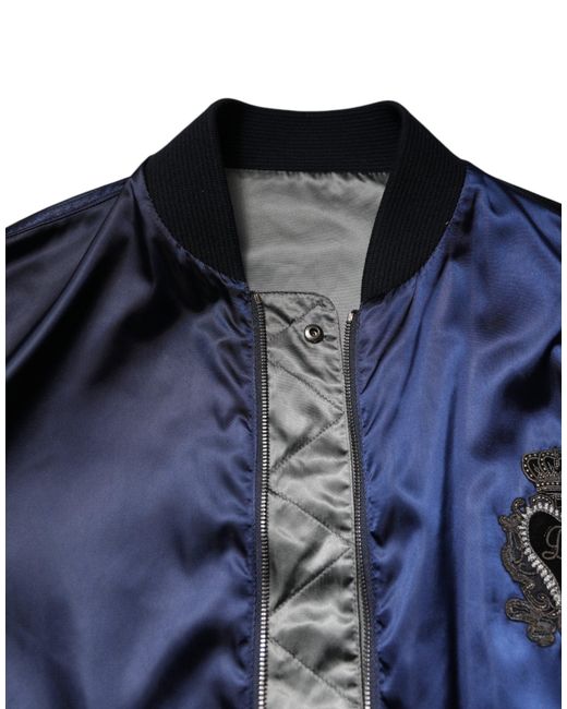 Dolce & Gabbana Blue Satin Jacket Logo Embroidery for men