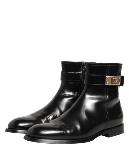 Dolce & Gabbana Black Leather Logo Buckle Mid Calf Boots Shoes for men