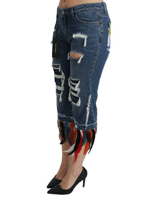 Dolce & Gabbana Dolce Gabbana Blue Feathers Low Waist Cropped Cotton Jeans
