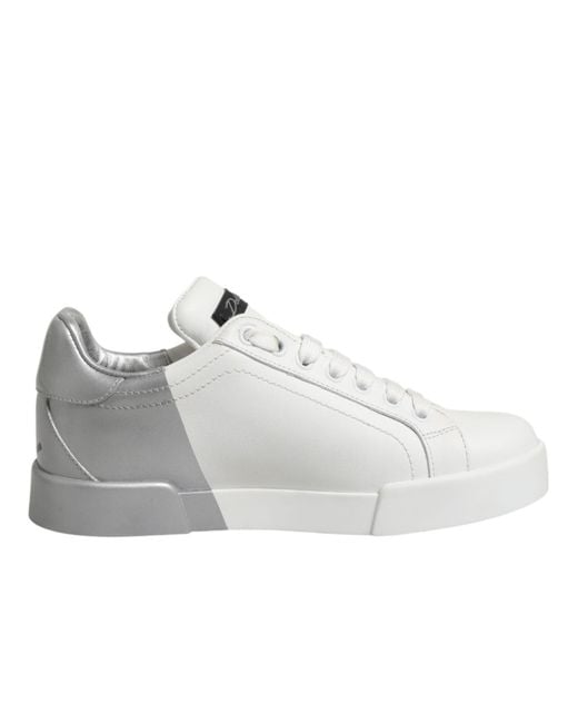Dolce & Gabbana White Gray Low Top Leather Sneaker Shoes