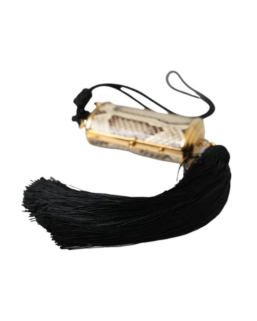 Dolce & Gabbana White Beige Exotic Leather Mini Mirror Tassel Make Up Holder Bag