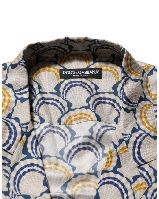 Dolce & Gabbana Gray Cream Cotton Silk Hawaii Scallop Shell Print Shirt for men