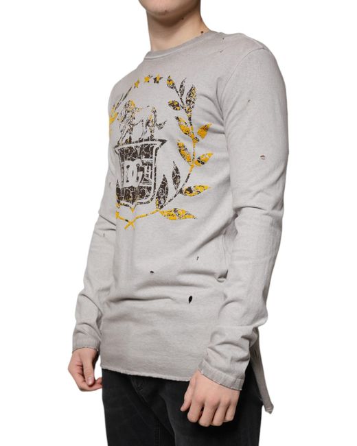 Dolce & Gabbana Gray Printed Cotton Crewneck Pullover Sweater for men