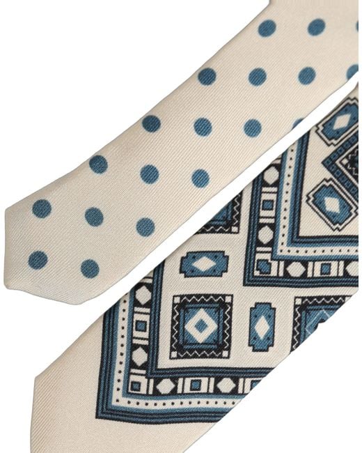 Dolce & Gabbana Men Off White Blue Geometric Adjustable Tied Necktie Tie for men