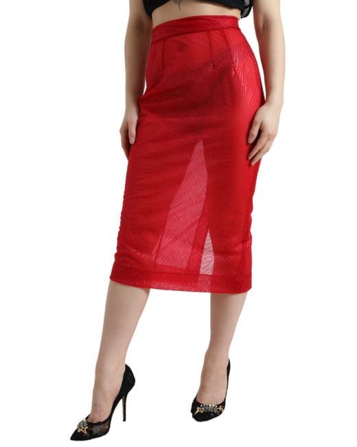 Dolce & Gabbana Red Sheer High Waist Pencil Cut Midi Skirt