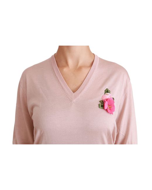 Dolce & Gabbana Pink Floral Embellished Silk Sweater