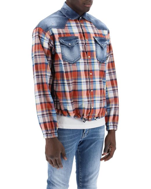 DSquared² Blue Plaid Western Shirt With Denim Inserts for men