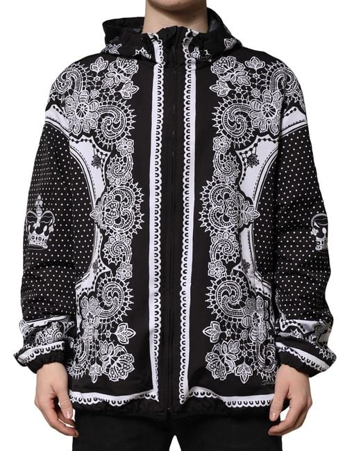 Dolce & Gabbana Black Bandana Print Hooded Bomber Jacket for men