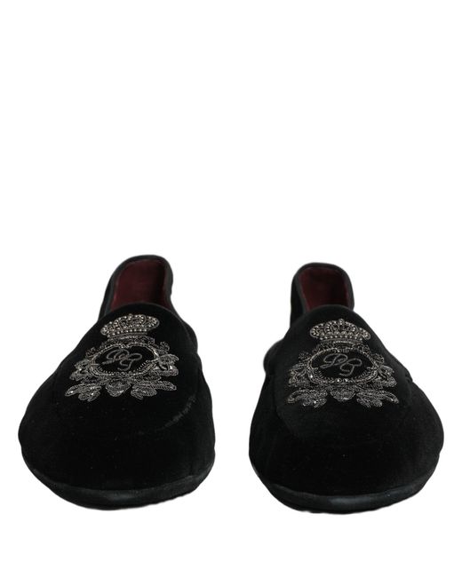 Dolce & Gabbana Black Velvet Crown Embroidery Loafers Shoes for men