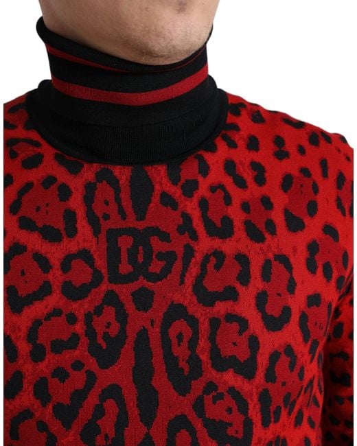 Dolce & Gabbana Red Leopard Print Turtleneck Pullover Sweater for men