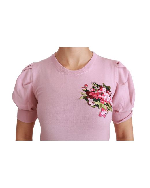 Dolce & Gabbana Pink Floral Embroidered Blouse Wool Top