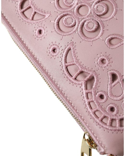 Dolce & Gabbana Pink Elegant Leather Pouch Clutch With Floral Embroidery