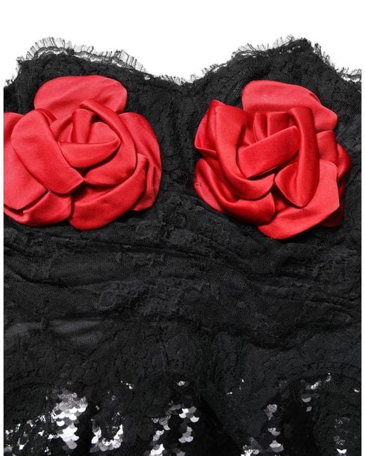 Dolce & Gabbana Black Strapless Red Rose Sequined Midi Dress
