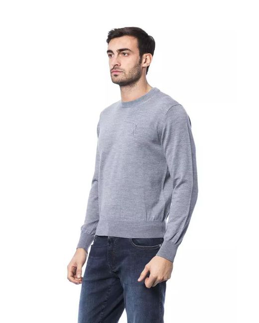 Billionaire Italian Couture Blue Embroidered Merino Wool Crew Neck Sweater for men