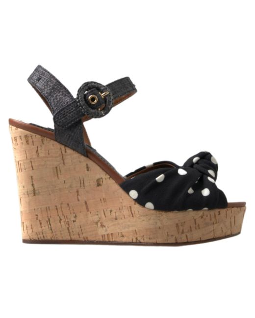Dolce & Gabbana Black Wedges Polka Dotted Ankle Strap Shoes Sandals