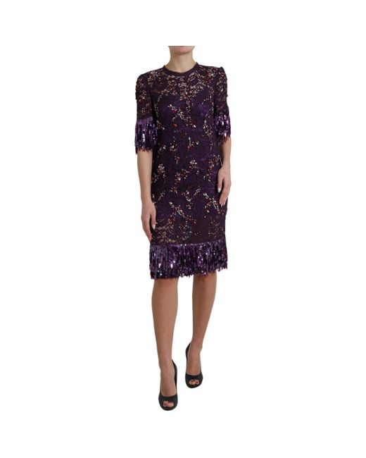 Dolce & Gabbana Purple Elegant Floral Lace Crystal Dress