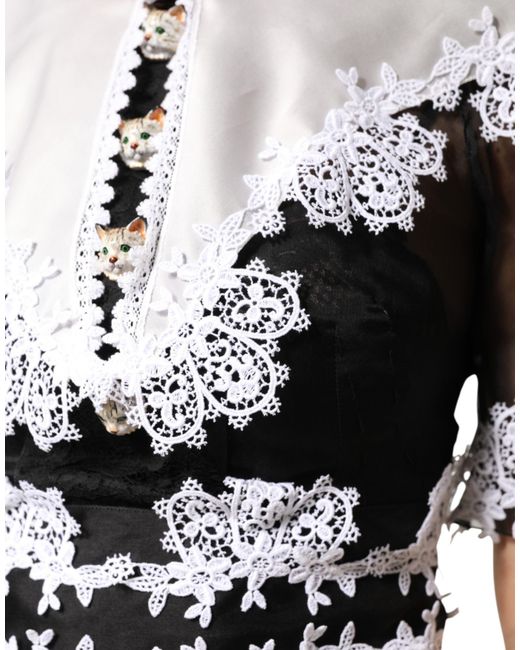 Dolce & Gabbana Black White Silk Macrame Lace Midi Dress
