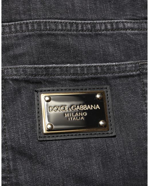 Dolce & Gabbana Black Cotton Slim Fit Distressed Ripped Logo Jeans Clothing for men