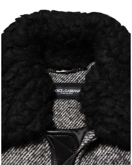 Dolce & Gabbana Gray Wool Herringbone Shearling Collar Bomber Jacket for men
