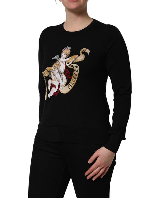 Dolce & Gabbana Black Angels Wool Crew Neck Pullover Sweater