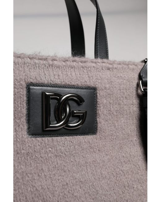 Dolce & Gabbana Black Grey Alpaca Wool Logo Plaque Tote Shoulder Bag for men