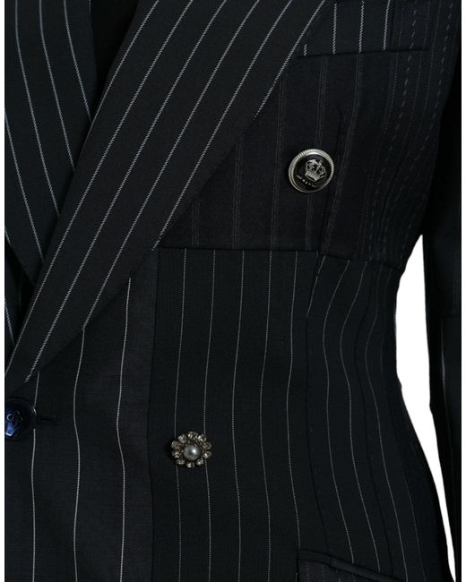 Dolce & Gabbana Black Striped Wool Doublebreasted Coat Jacket