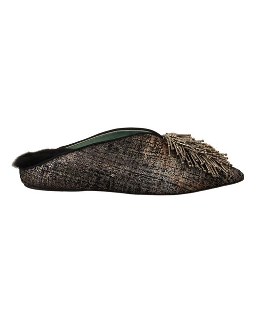 Paola D'arcano Black Gold Jacquard Leather Embellished Slip On Shoes