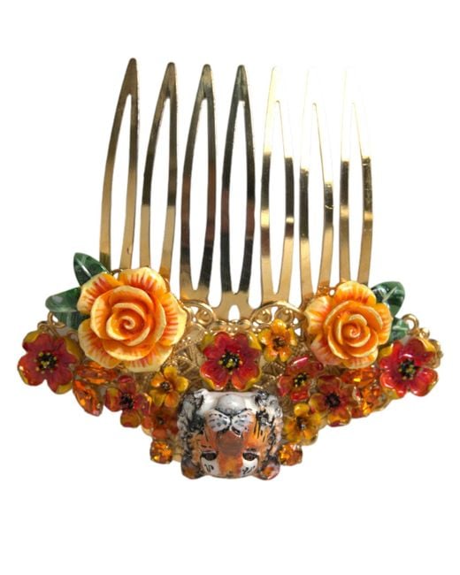 Dolce & Gabbana Metallic Brass Crystal Leopard Floral Hair Comb