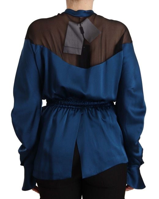 Masha Ma Blue Silk Long Sleeves Elastic Waist Top Blouse