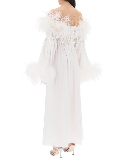 Art Dealer White 'bettina' Maxi Dress In Satin With Feathers