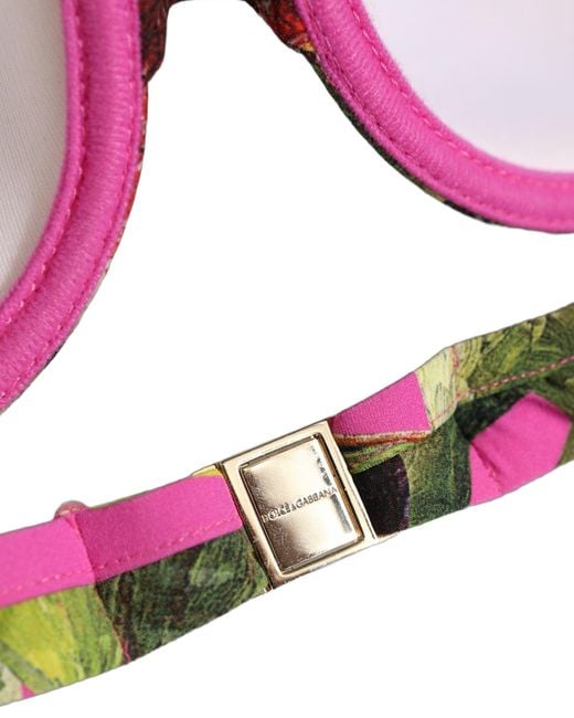 Dolce & Gabbana Green Fuchsia Pink Fig Print Beachwear Bikini Top