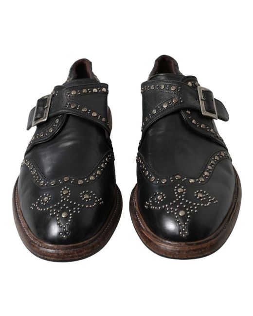 Dolce & Gabbana Black Leather Monk Strap Studded Dress Shoes for men