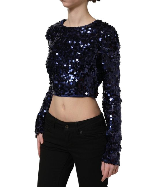 Dolce & Gabbana Blue Sequined Long Sleeves Crop Blouse Top Nylon