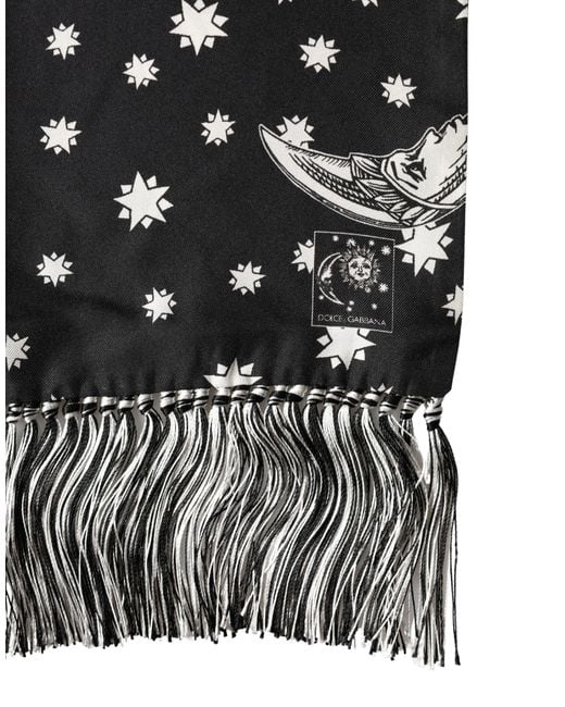 Dolce & Gabbana Black Silk Sun Moon Star Fringe Foulard 178Cm X 33Cm Scarf for men